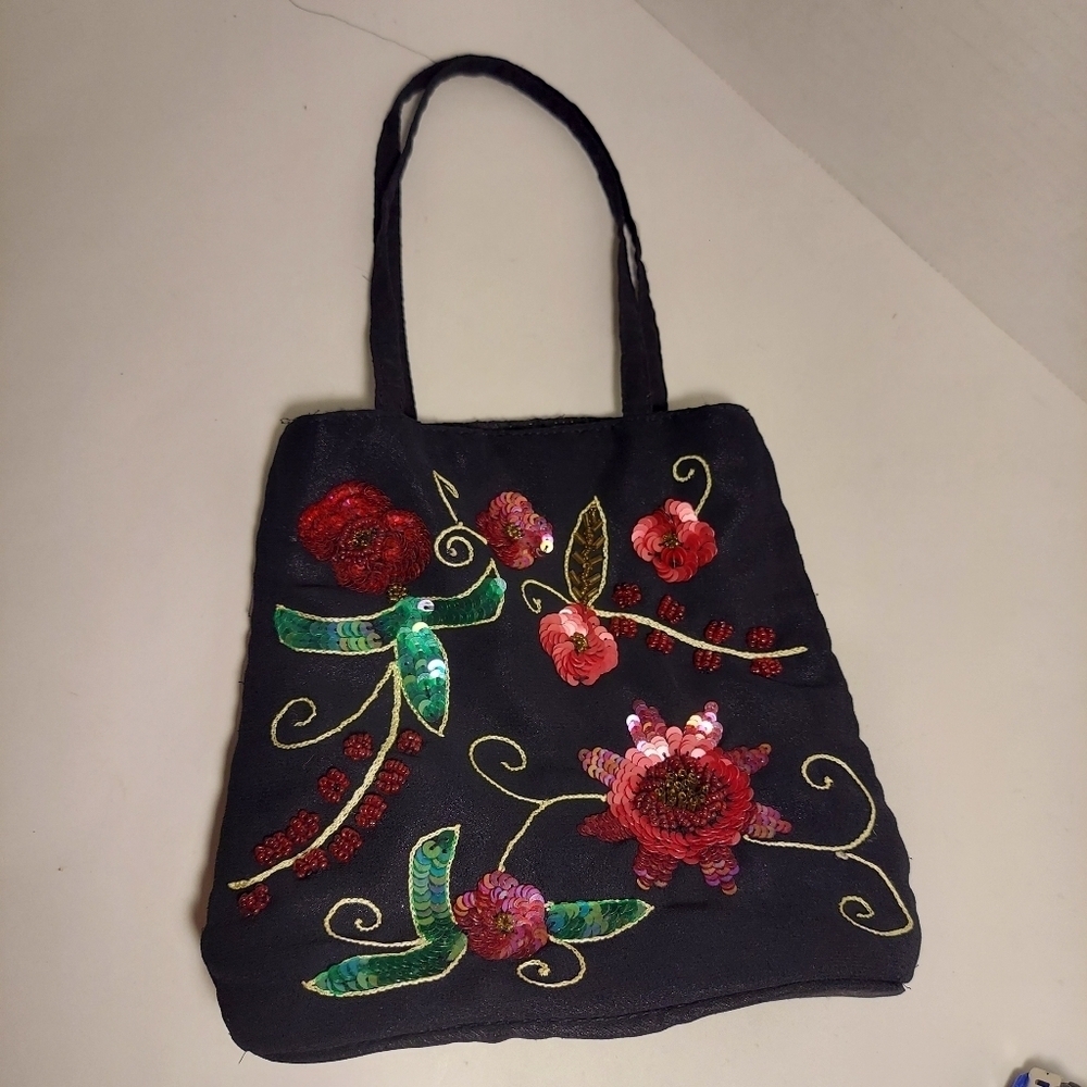 VTG Y2K Mini Handbag Evening Purse Embroidered Beaded Sequined Colorful Floral